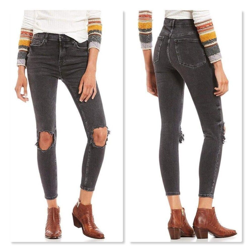 ✨FREE PEOPLE✨ High-Rise Busted Knee Skinny Ankle Jean -[Size 28, Charcoal Black]
